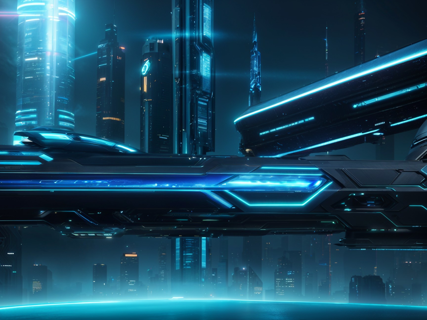 Futuristic cityscape with neon lights and skyscrapers