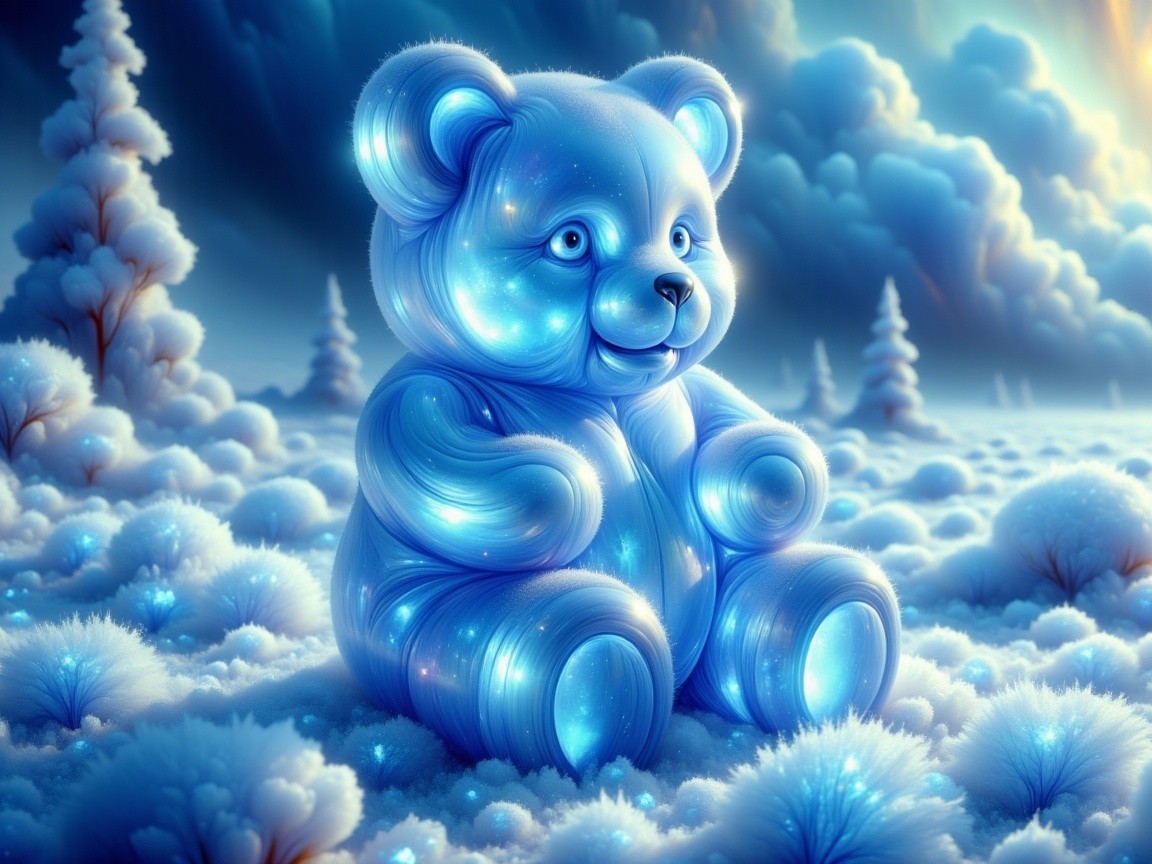Glowing Teddy Bear in Enchanting Snowy Landscape