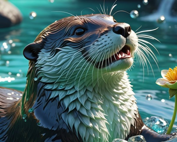 Digital Painting of an Otter in a Turquoise Pond