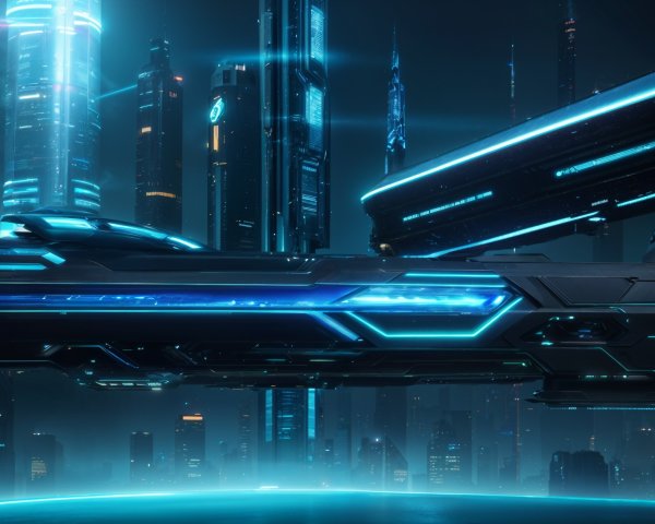 Futuristic cityscape with neon lights and skyscrapers