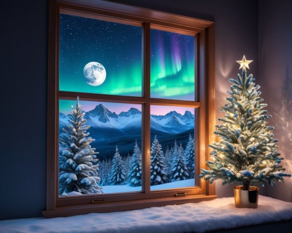 Indoor Christmas Scene with Tree and Winter Landscape