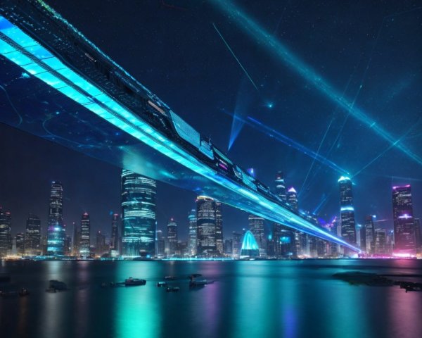 Futuristic cityscape with neon lights and skyscrapers