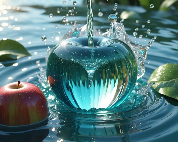 Glass Apple in Water with Real Apple and Sunlight