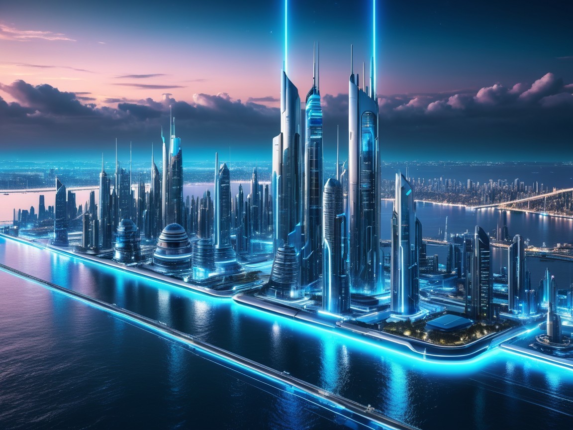 Futuristic Twilight Skyline with Sleek Skyscrapers