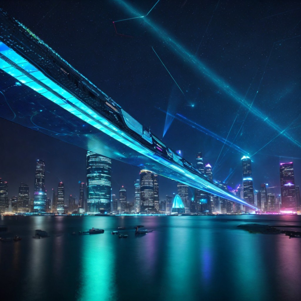 Futuristic cityscape with neon lights and skyscrapers