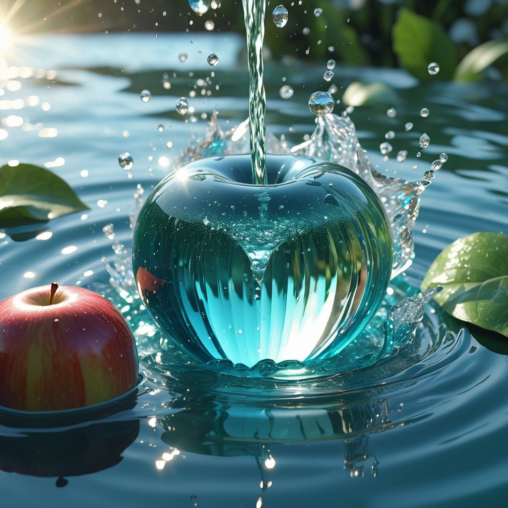 Glass Apple in Water with Real Apple and Sunlight