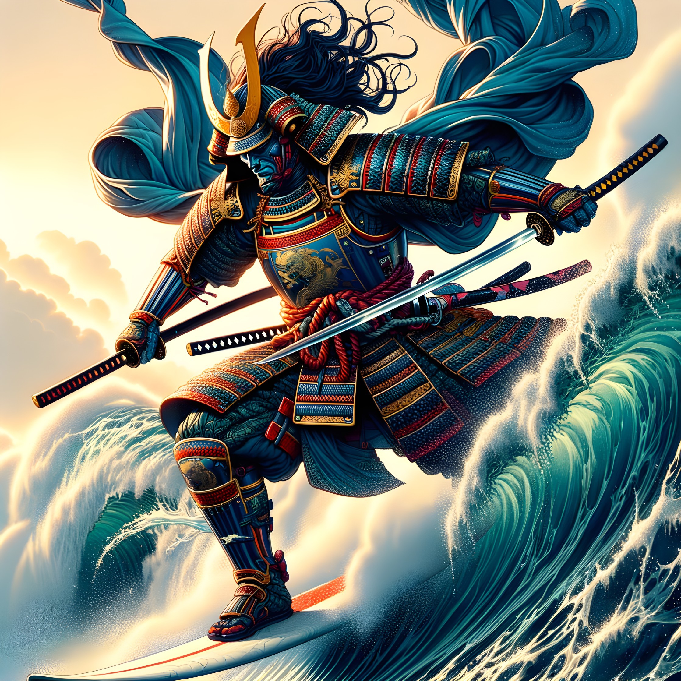 Samurai in Armor Riding a Giant Wave on Surfboard