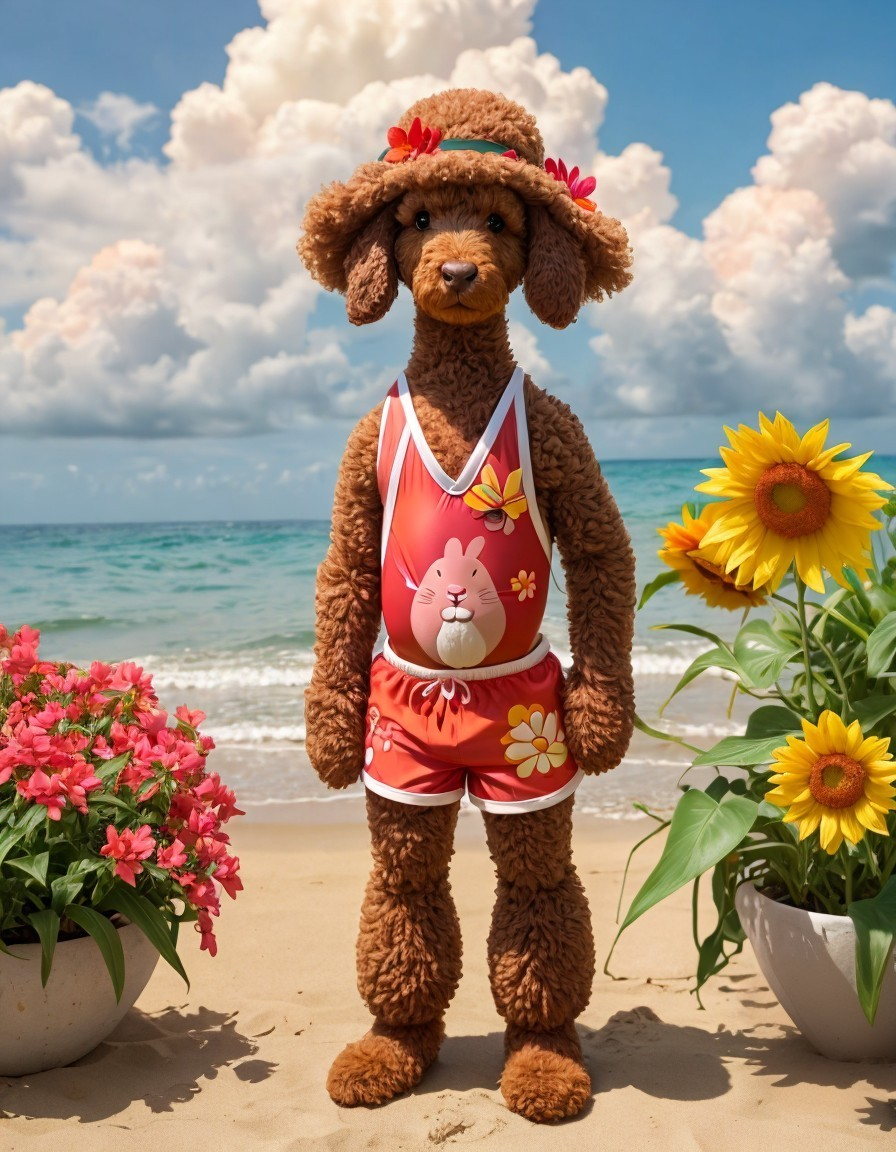 Brown Poodle in Floral Hat at Sandy Beach
