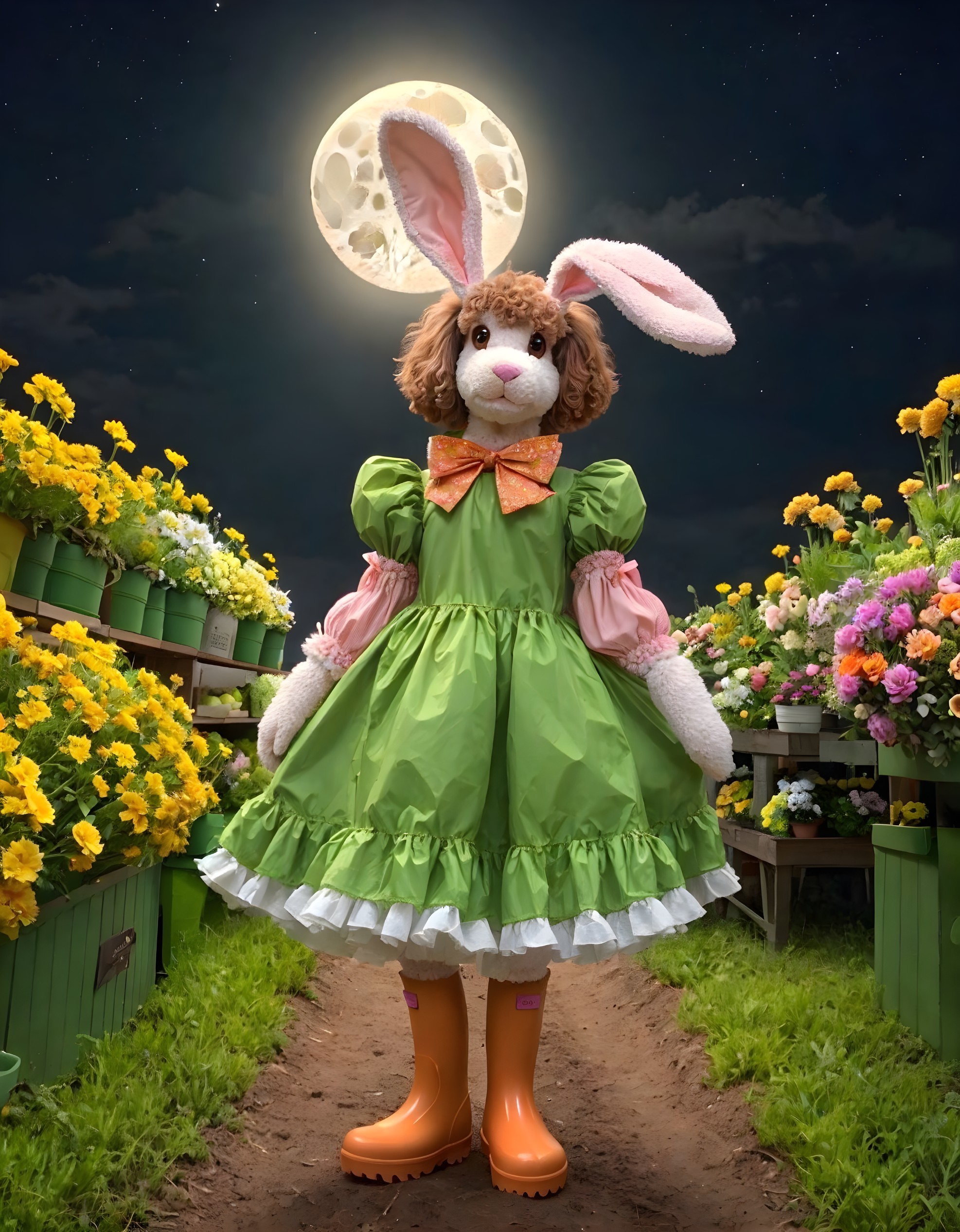 Person in Bunny Costume Among Flower Beds at Night
