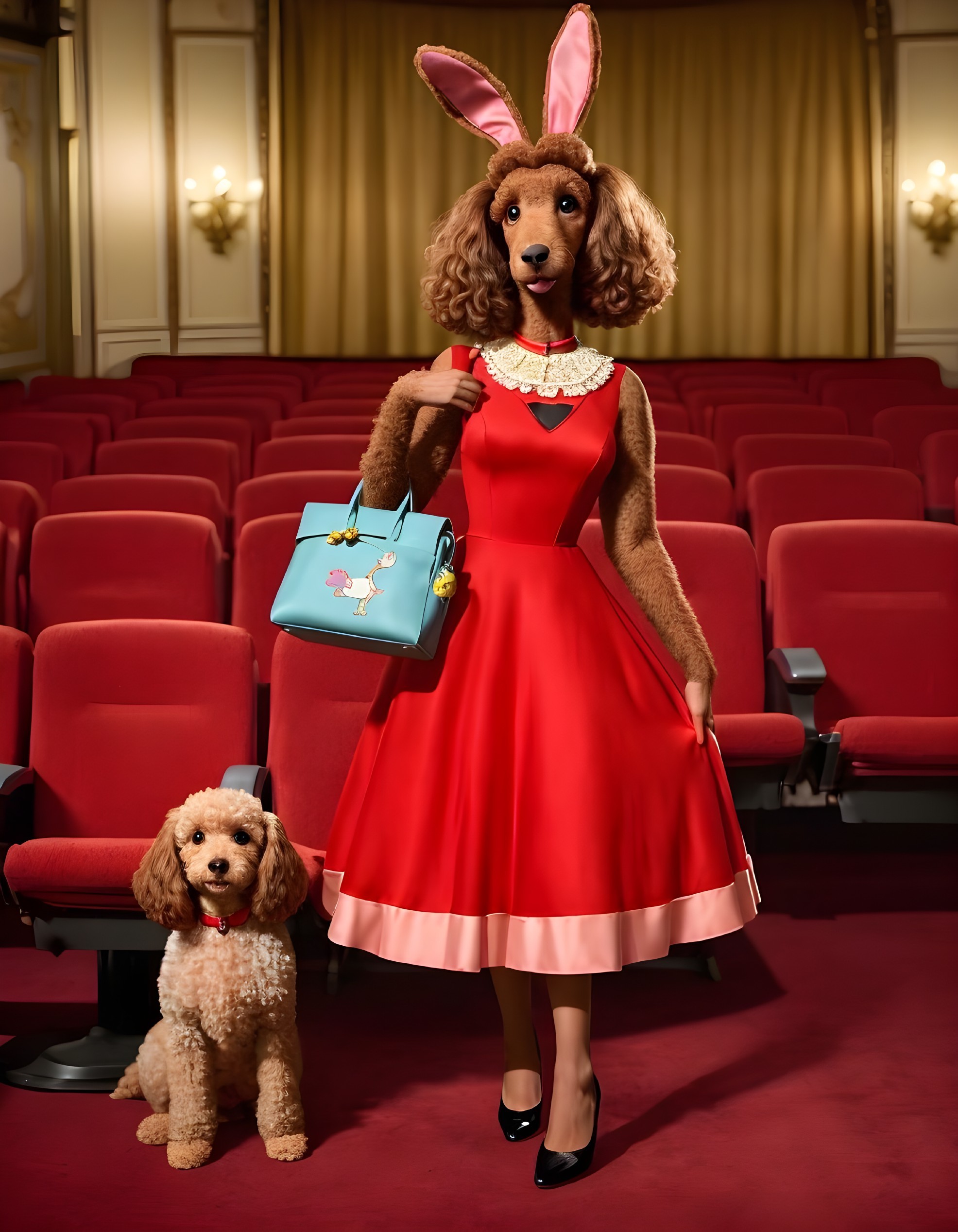 Animated Dog in Vintage Dress at Theater Scene