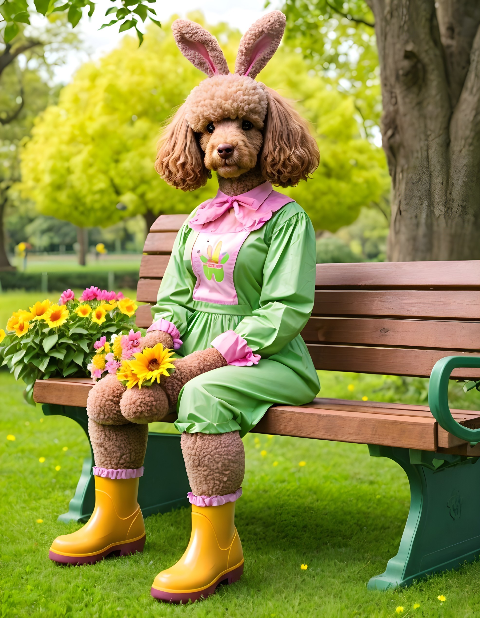 Fluffy Poodle in Green Dress with Sunflowers in Park