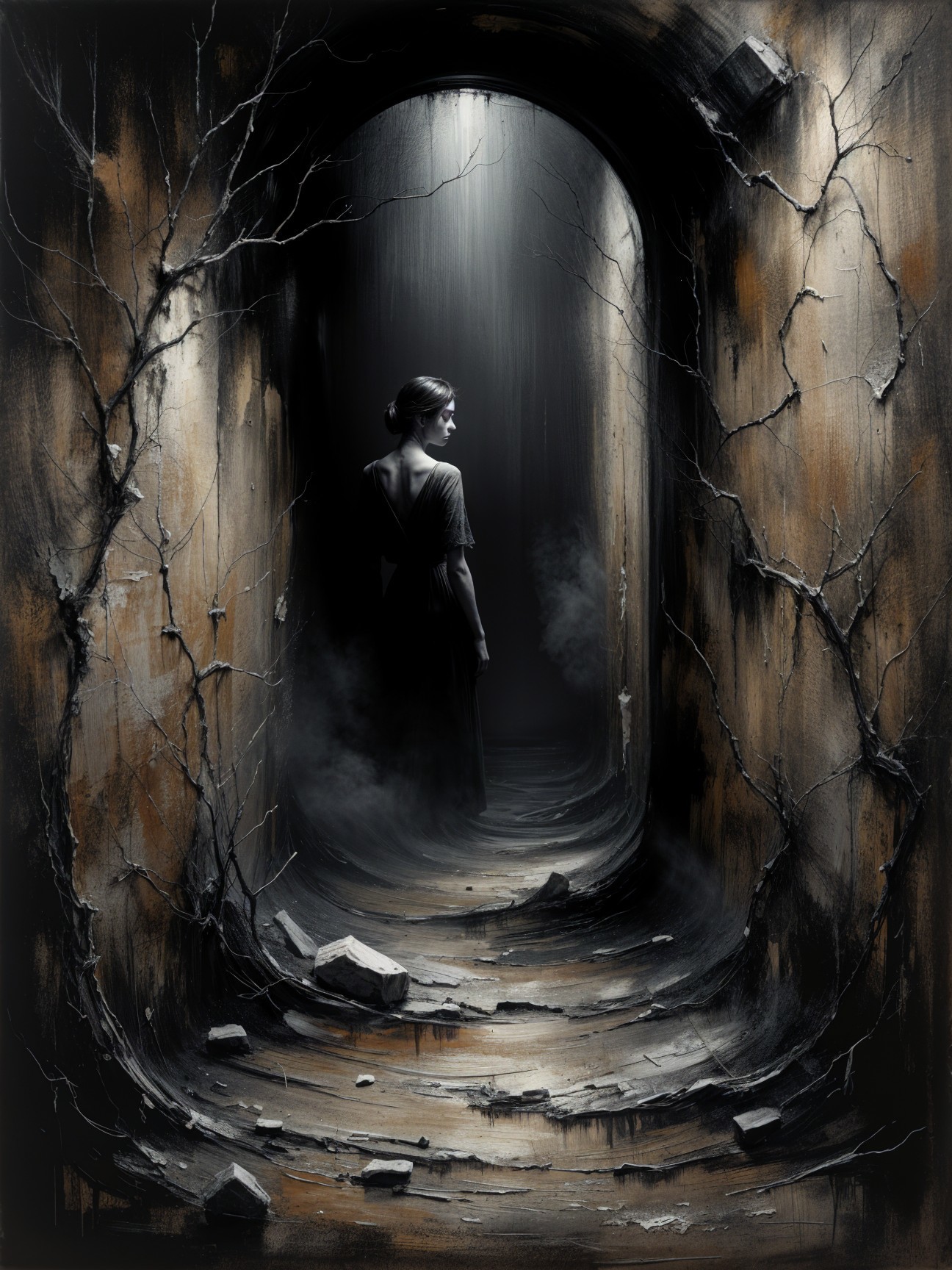 Desolate corridor with mist and solitary figure