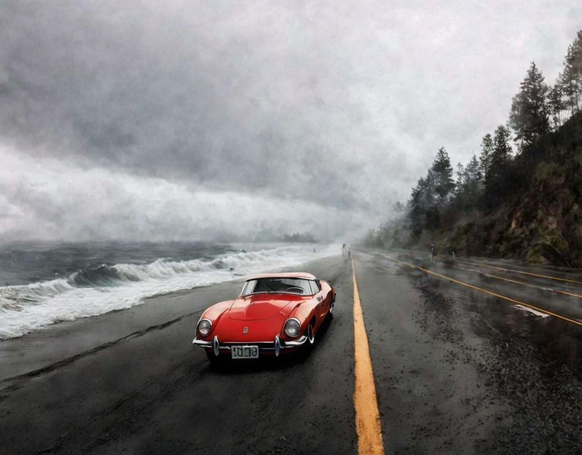 Vintage Red Car Parked on Wet Road with Crashing Waves and Stormy Sky
