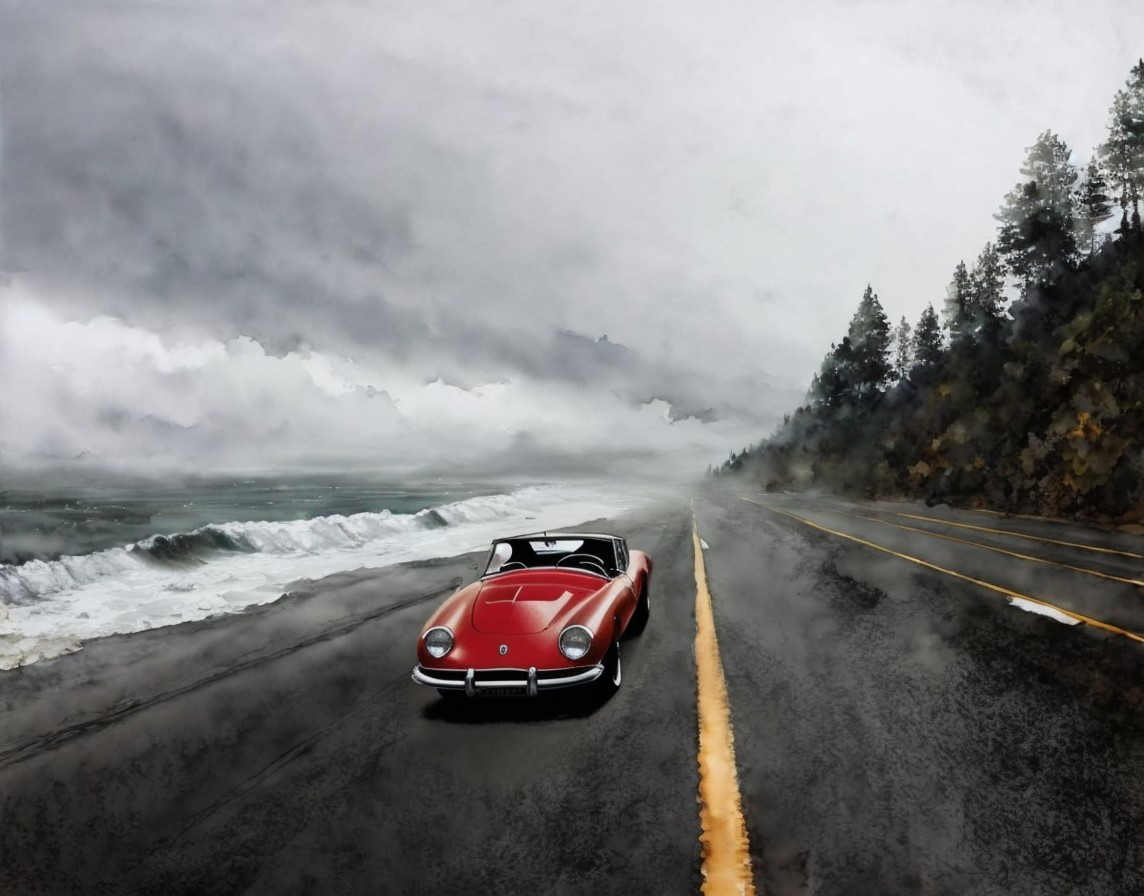 Vintage Red Convertible Car Driving on Wet Road Near Turbulent Sea