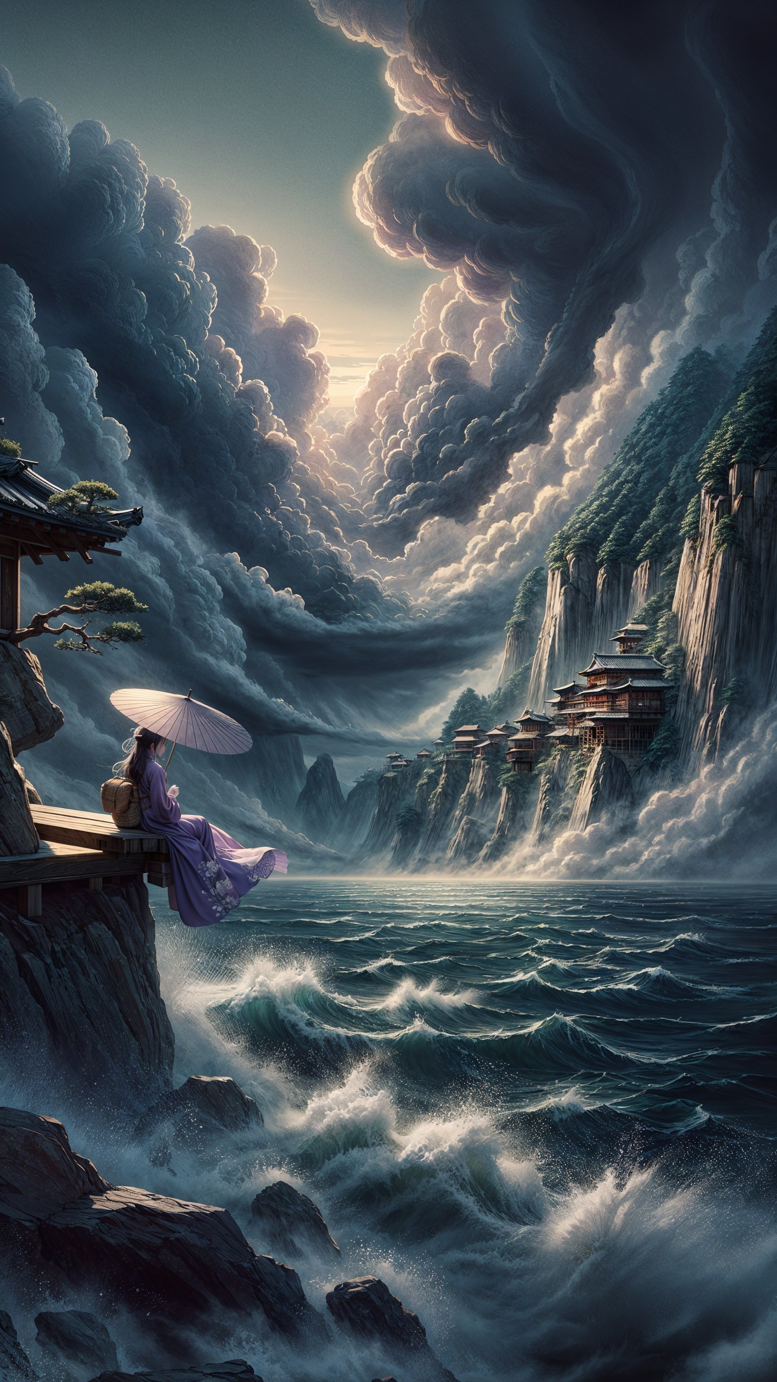 Woman in Purple Robe Overlooking Stormy Seas and Cliffs