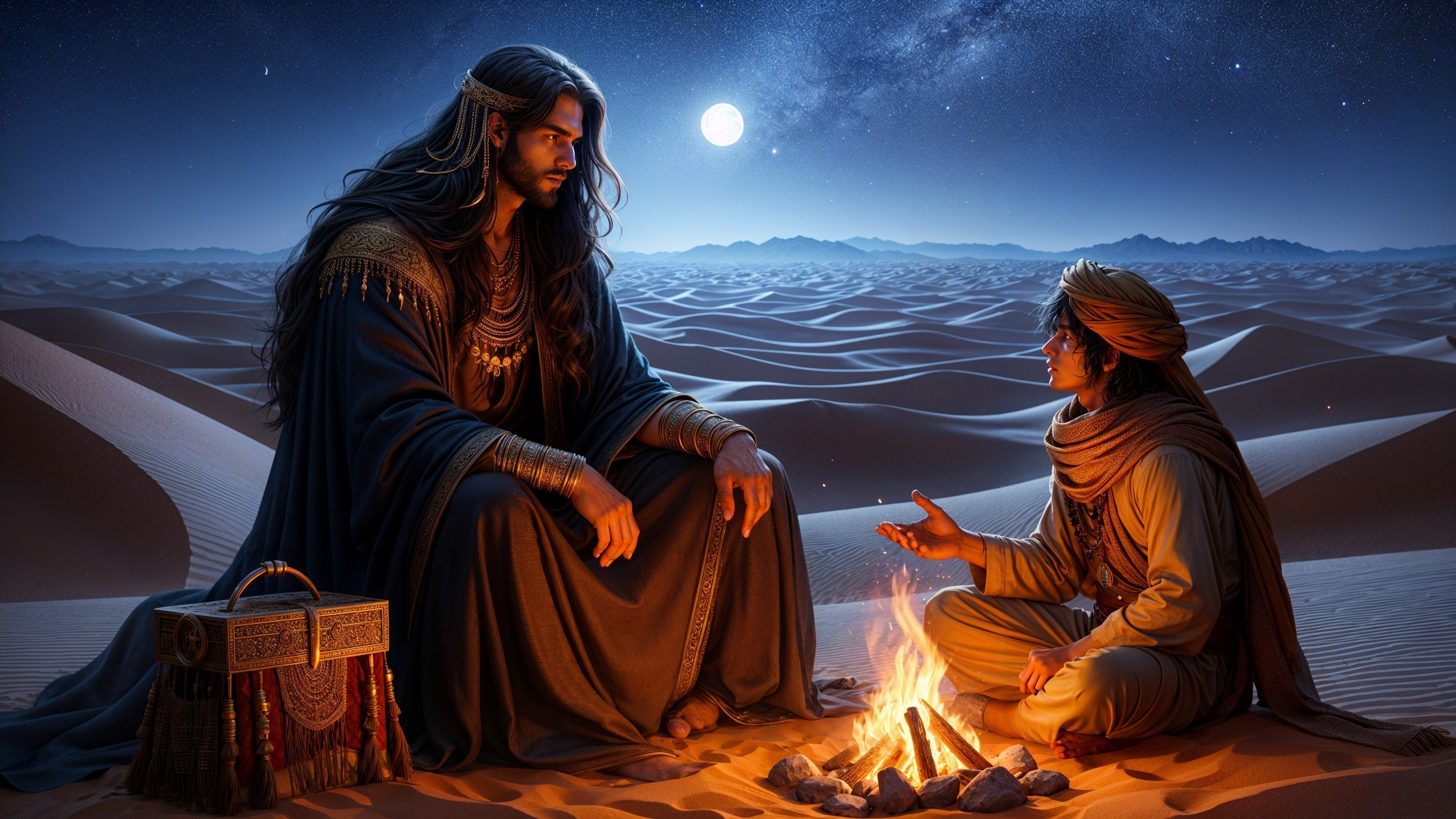 Desert Campfire Scene Under Starry Sky and Moonlight