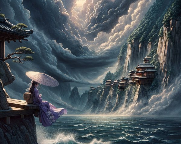 Woman in Purple Robe Overlooking Stormy Seas and Cliffs