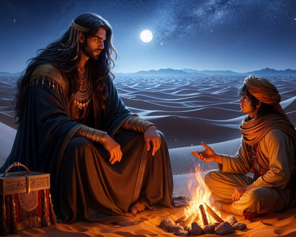 Desert Campfire Scene Under Starry Sky and Moonlight