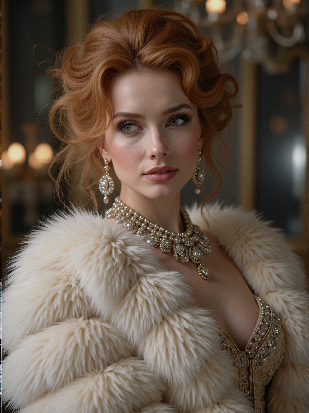 Glamorous Woman in Elegant Fur Stole and Beaded Gown