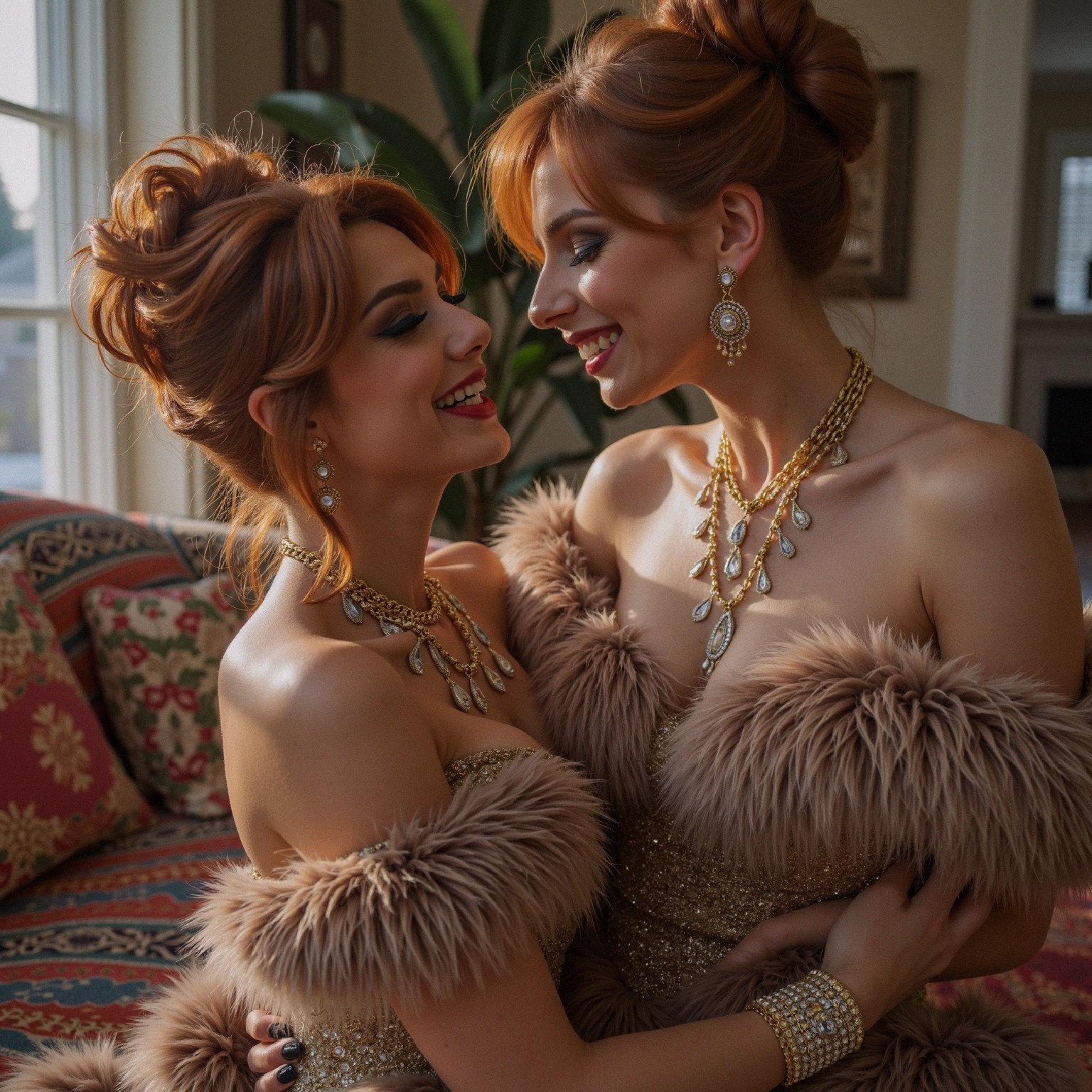 Elegant Women with Red Hair in Glamorous Outfits