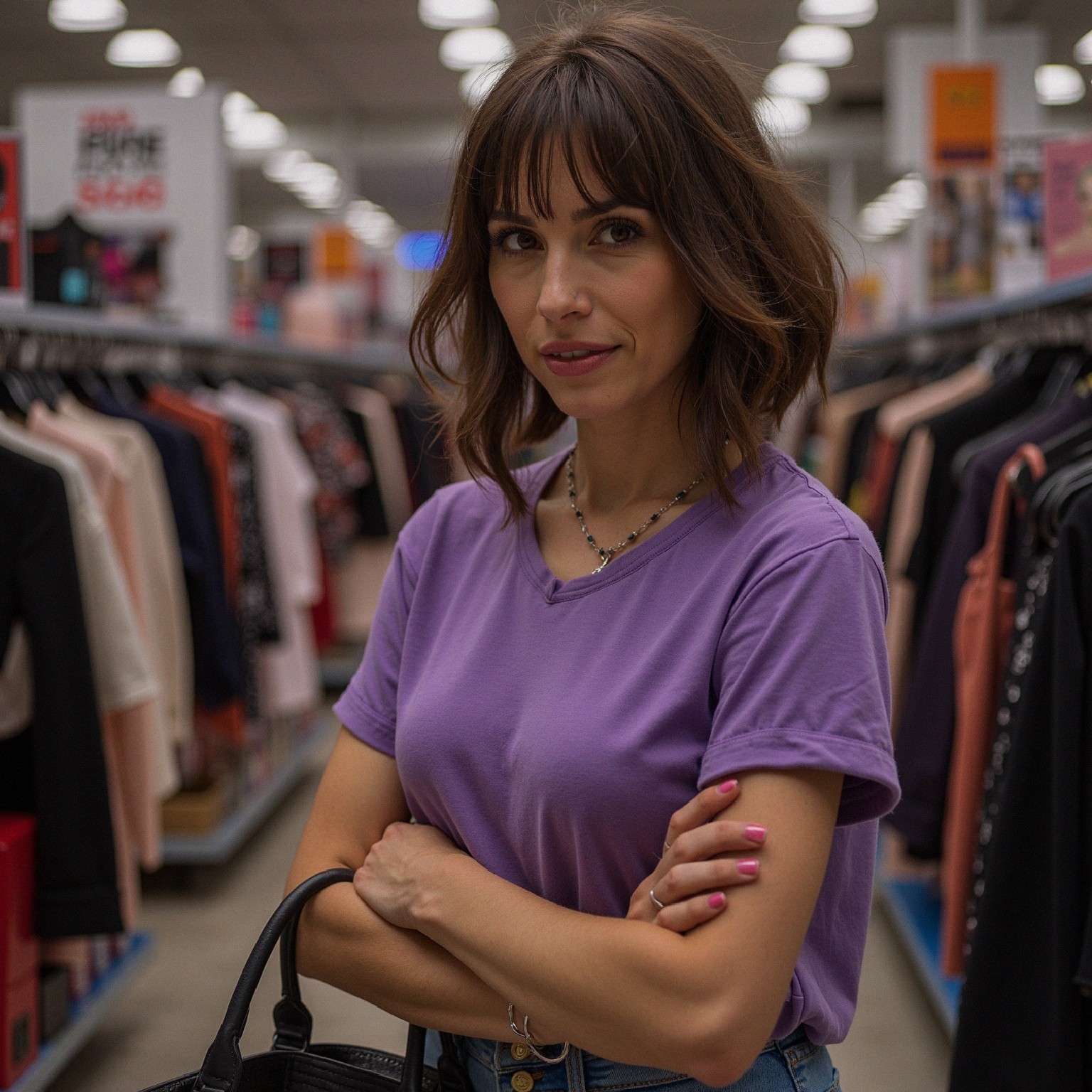 Woman in Clothing Store Aisle with Colorful Apparel