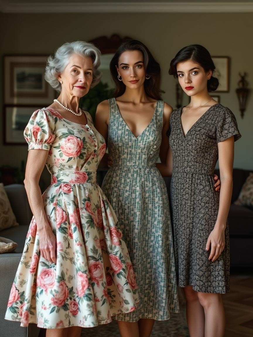 Three Elegantly Dressed Women with Familial Bond