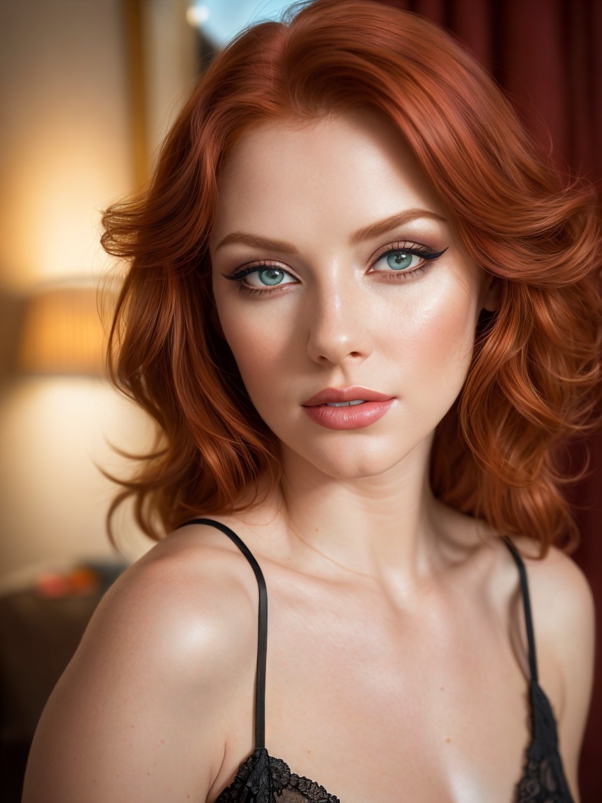 Young woman with red hair and green eyes in lace top