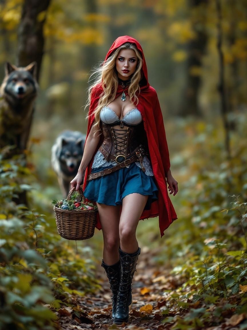 Mysterious Woman in Red Cloak with Wolves in Forest