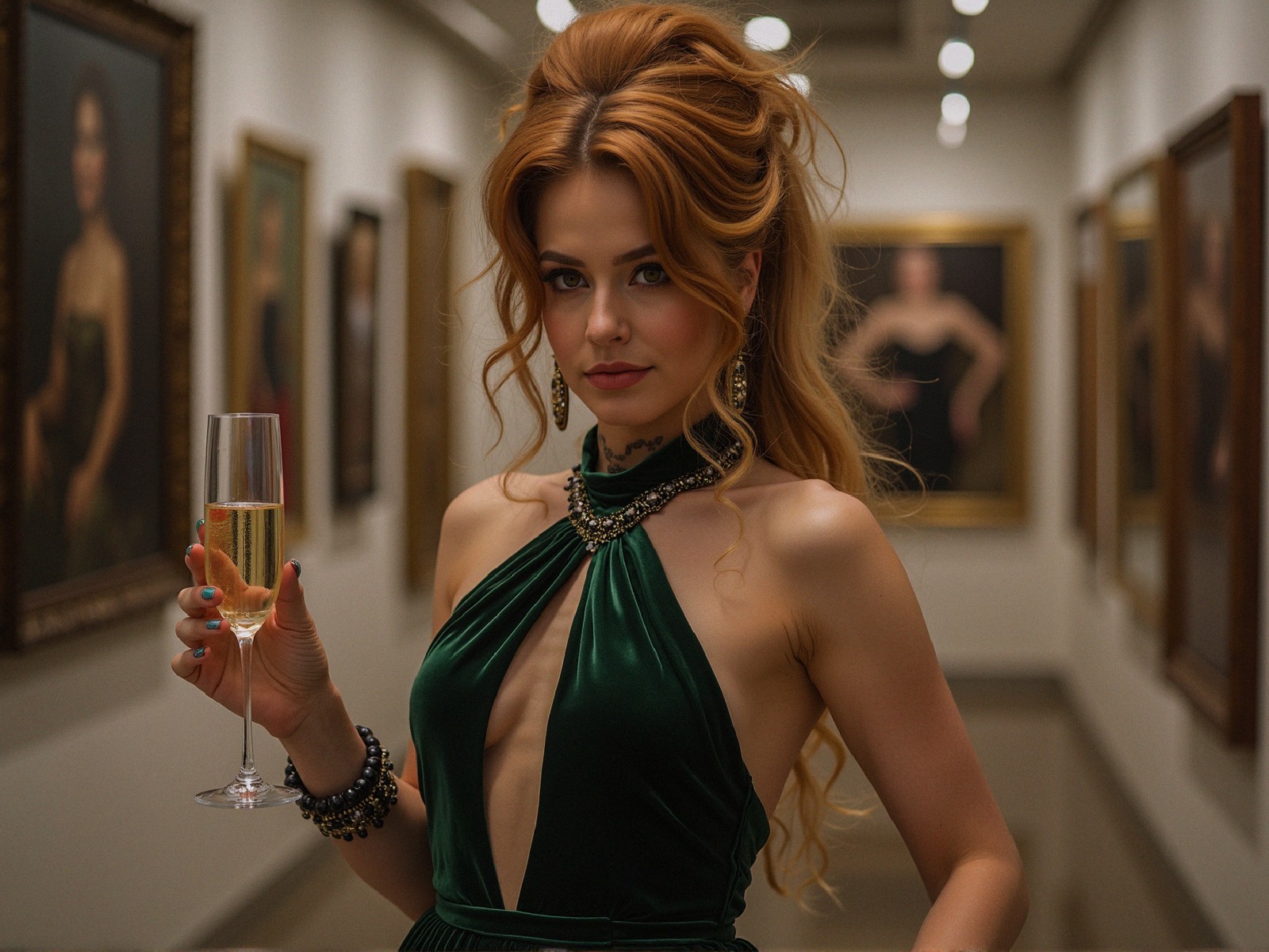 Glamorous Woman in Elegant Art Gallery Setting