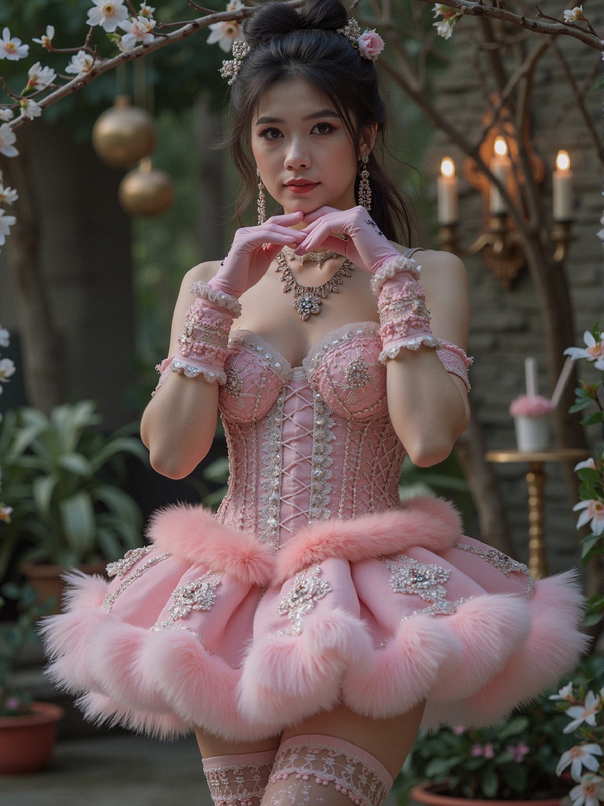 Elegant Young Woman in Pink Corset Dress in Garden