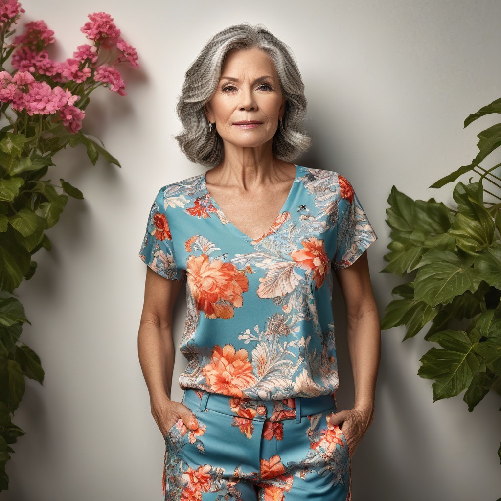 Confident Older Woman in Floral Outfit with Greenery