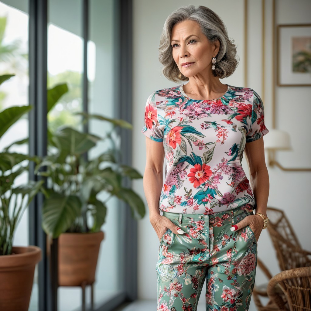 Elegant Senior Woman in Floral Top and Green Trousers