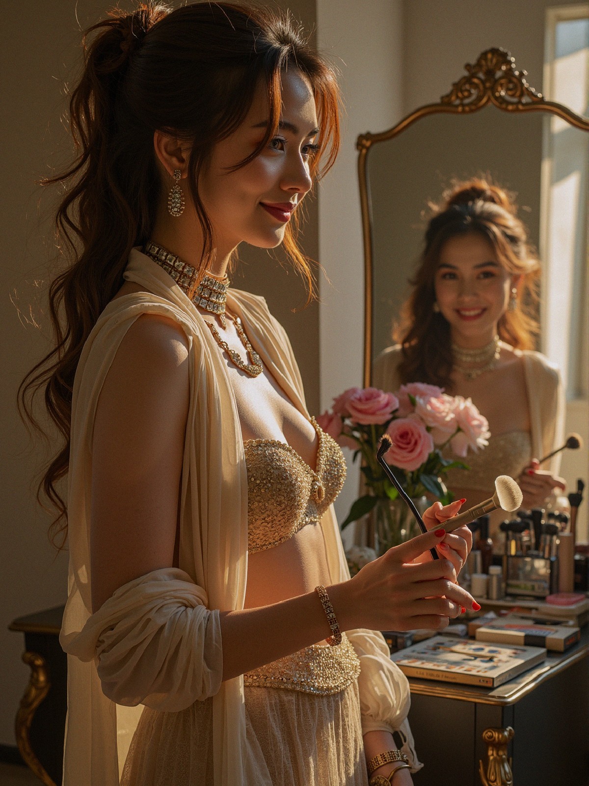 Glamorous Woman Applying Makeup in Elegant Setting