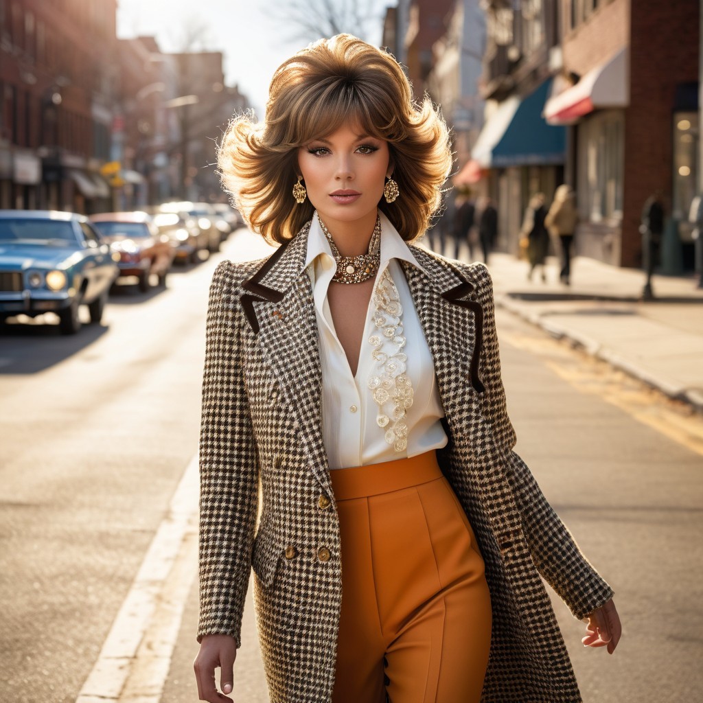 Confident Woman in Stylish Houndstooth Coat on Street