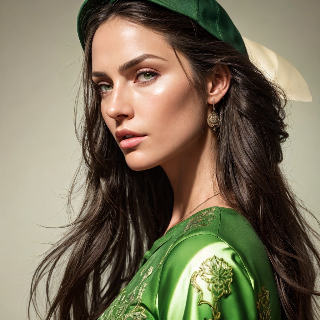 Elegant woman in green outfit with intricate embroidery