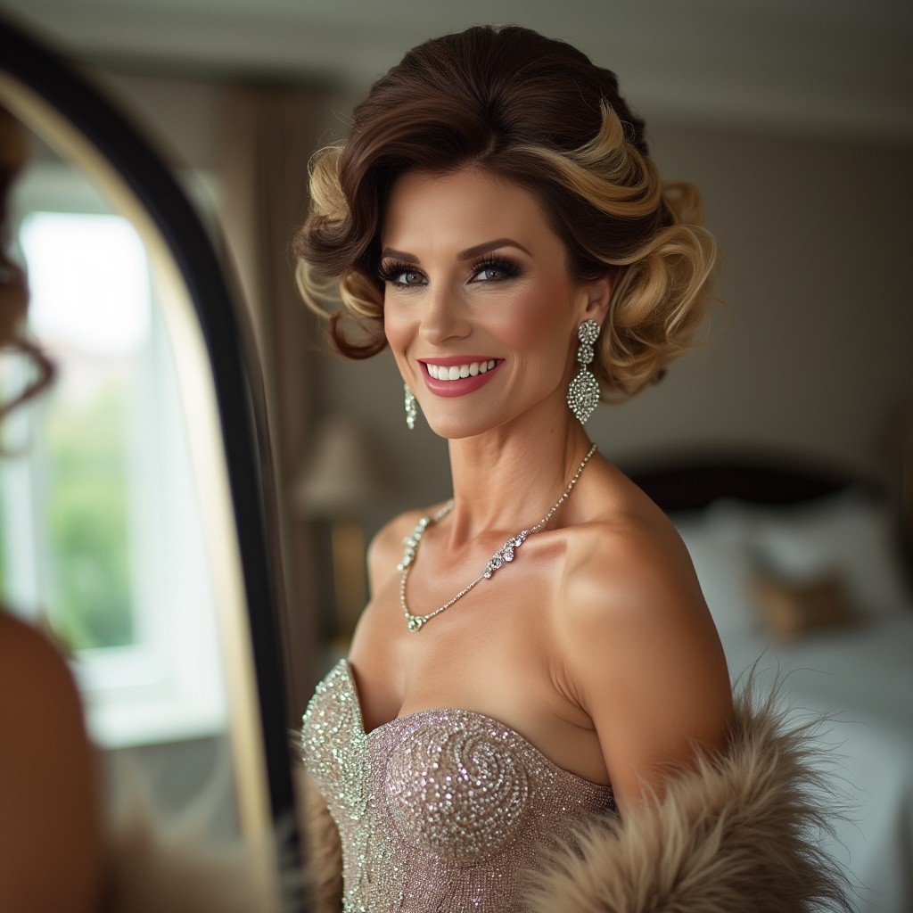 Glamorous Woman in Elegant Gown and Updo Hairstyle