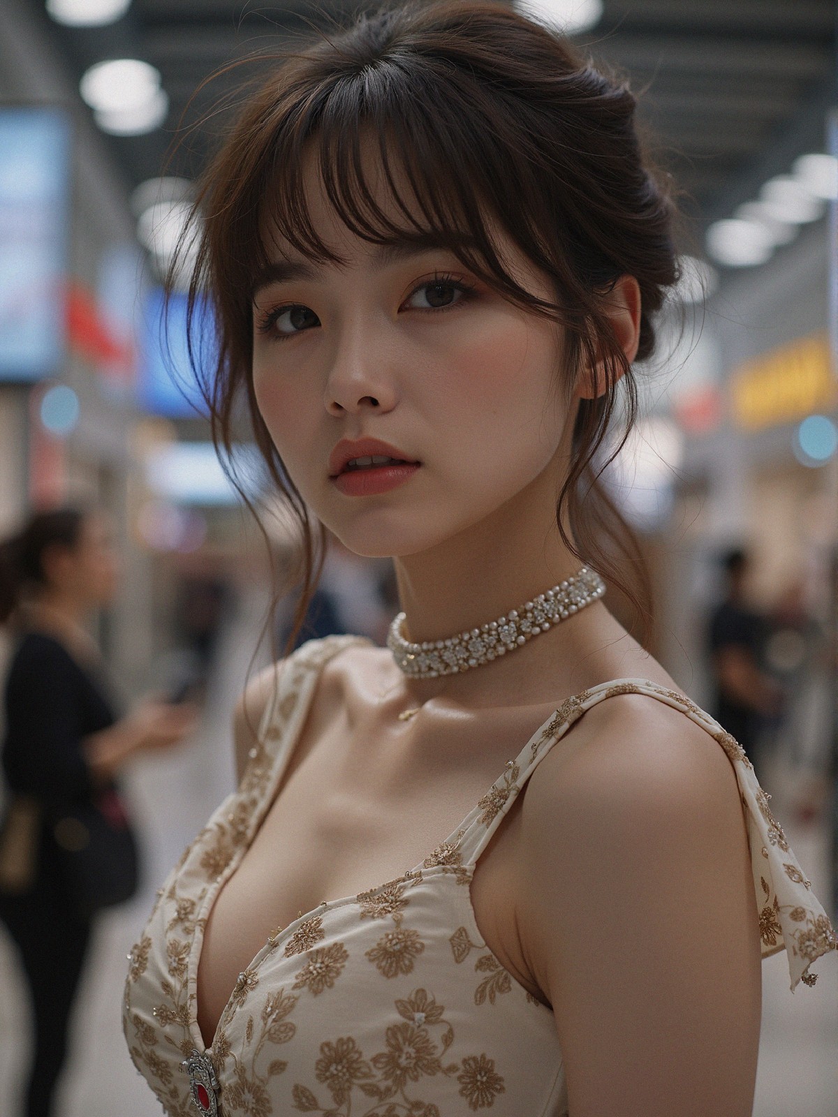 Young woman in embroidered dress in bustling setting