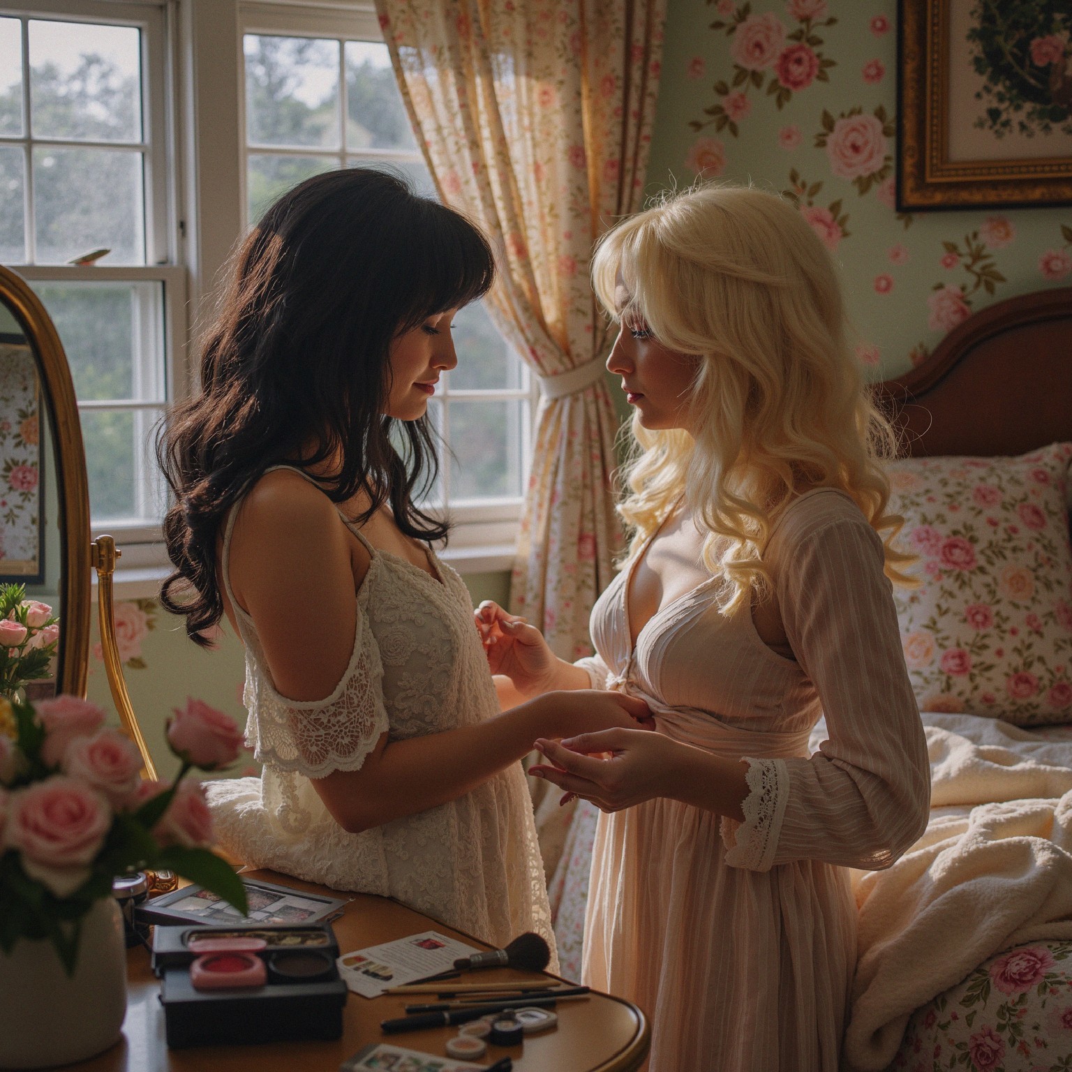 Intimate Moment in a Floral Wallpaper Bedroom