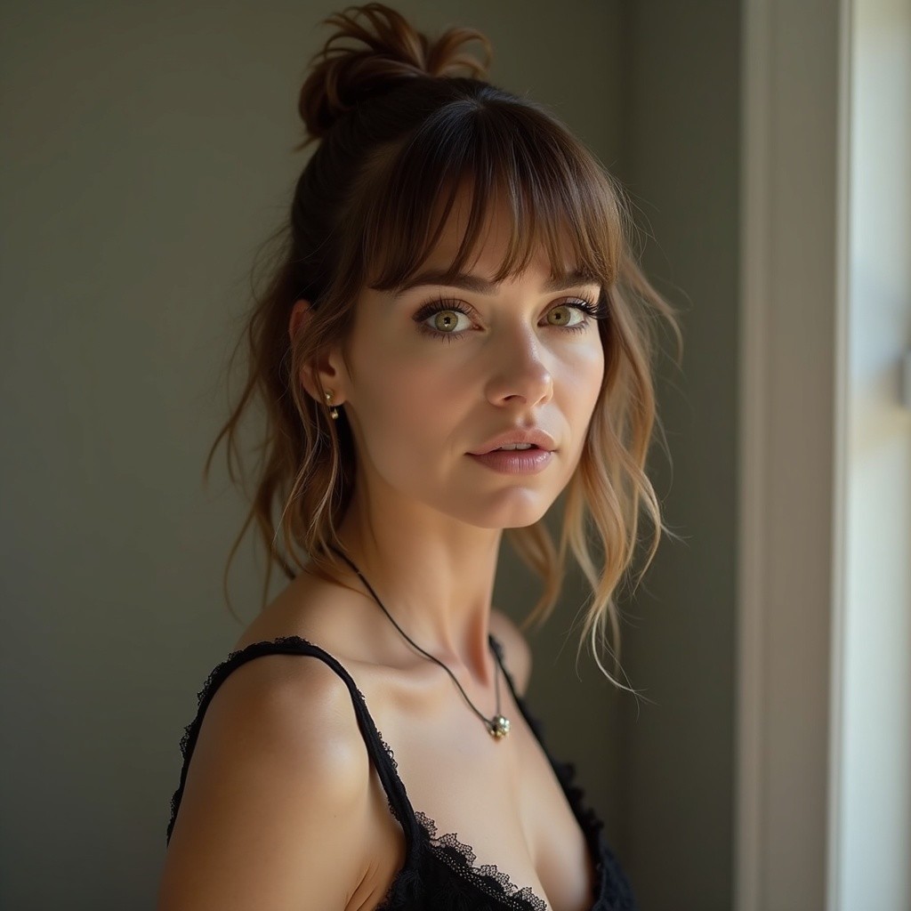 Young Woman Gazing Out a Window in Soft Lighting