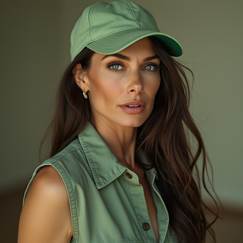 Woman with Brunette Hair in Green Attire and Blue Eyes