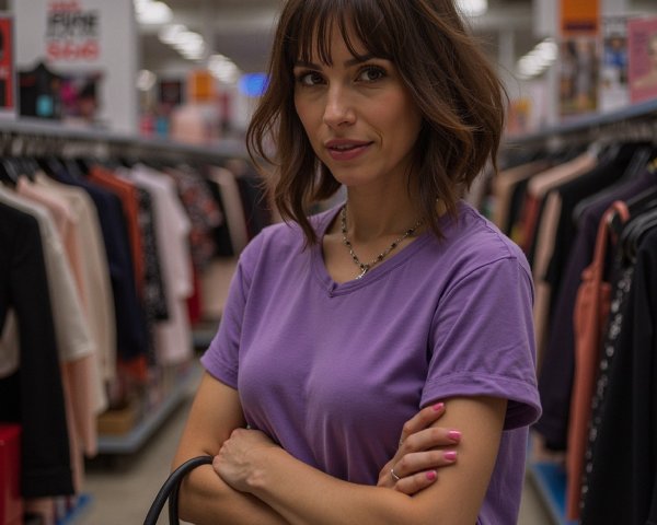 Woman in Clothing Store Aisle with Colorful Apparel
