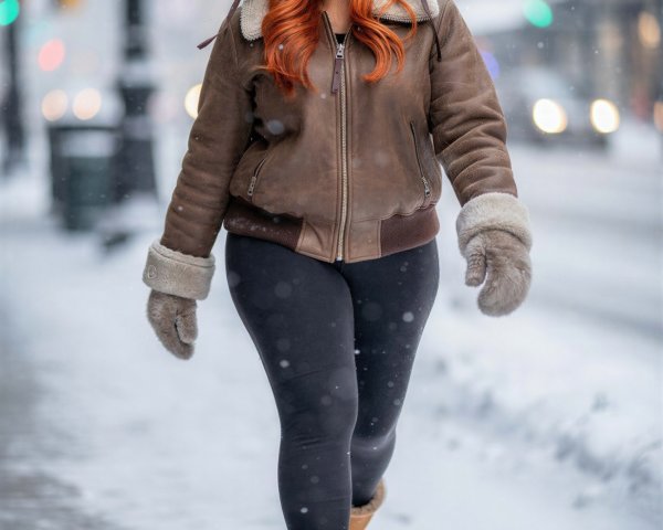 Close-up of a woman in winter attire on snowy sidewalk