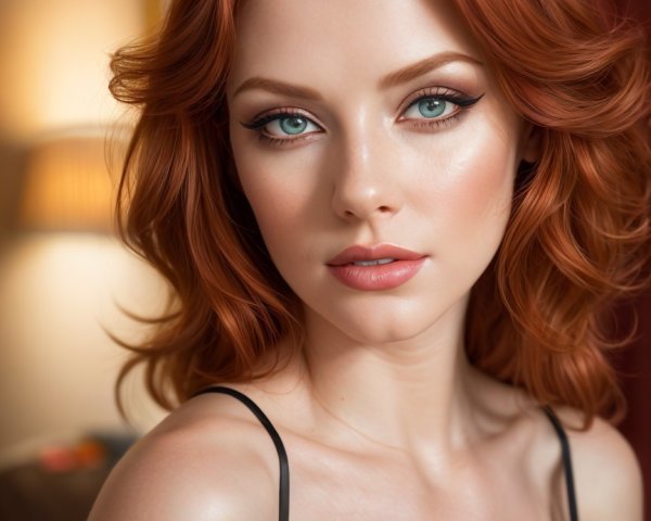 Young woman with red hair and green eyes in lace top