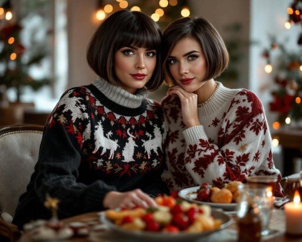 Women in Holiday Sweaters at Festive Table Setting