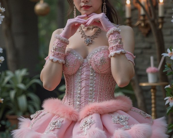 Elegant Young Woman in Pink Corset Dress in Garden