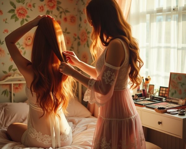 Cozy Bedroom Scene with Two Women Sharing Intimacy
