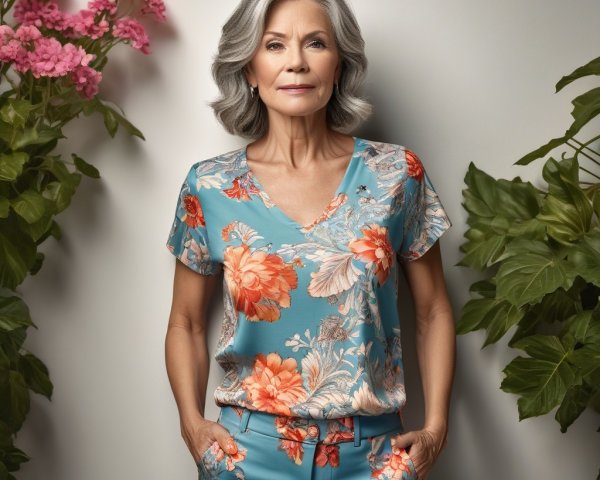Confident Older Woman in Floral Outfit with Greenery