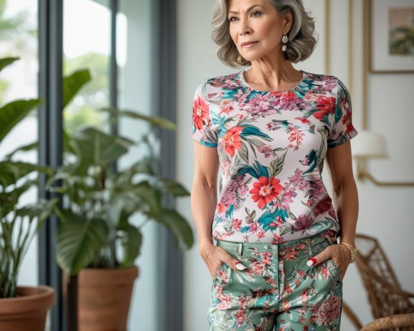 Elegant Senior Woman in Floral Top and Green Trousers