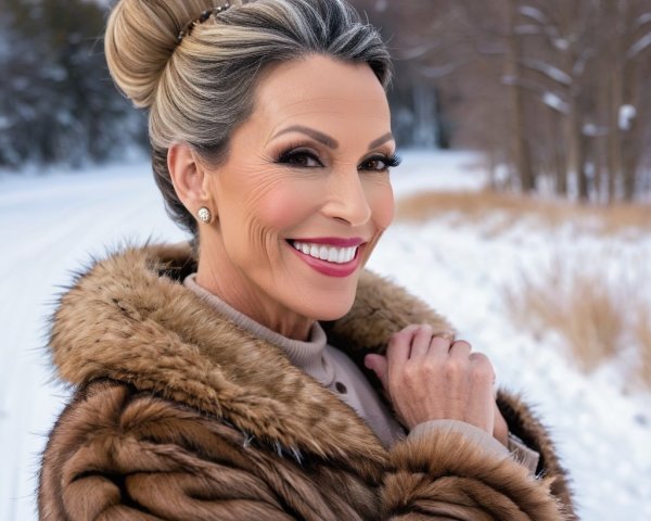 Elegant Woman in Fur Coat in Winter Landscape