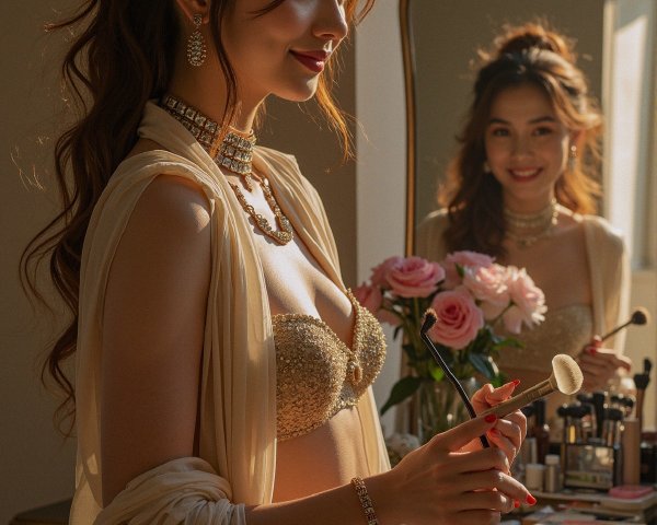 Glamorous Woman Applying Makeup in Elegant Setting